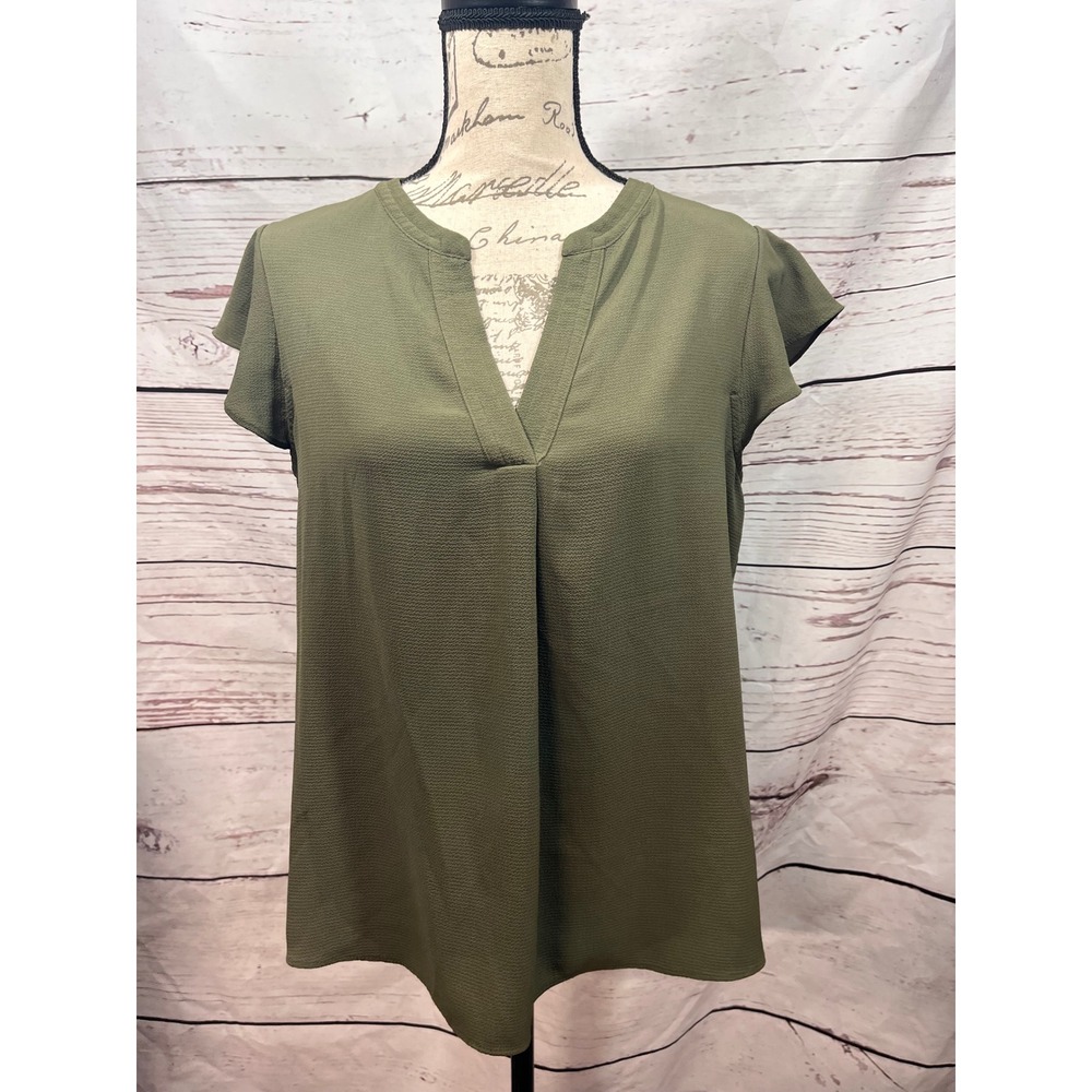 Calvin Klein Olive Green Split V-Neck Flutter Sleeve Textured Blouse Large